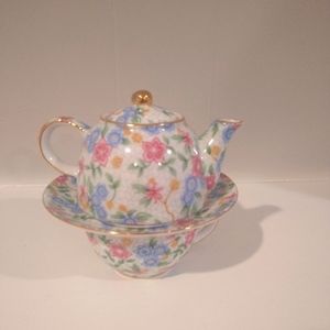 Two's Company Chintz Teapot for One with Cup Saucer Stackable